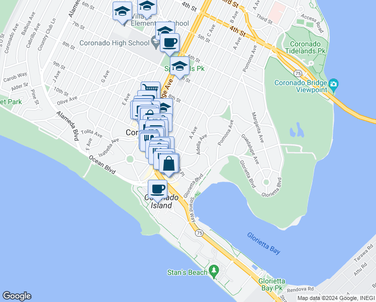map of restaurants, bars, coffee shops, grocery stores, and more near 1405 10th Street in Coronado