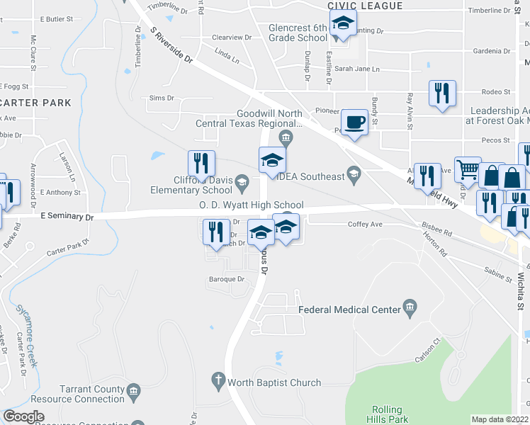 map of restaurants, bars, coffee shops, grocery stores, and more near Campus Dr & E Seminary Dr in Fort Worth
