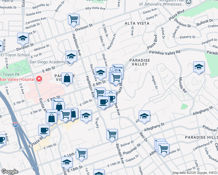 map of restaurants, bars, coffee shops, grocery stores, and more near 827 Olive Avenue in National City