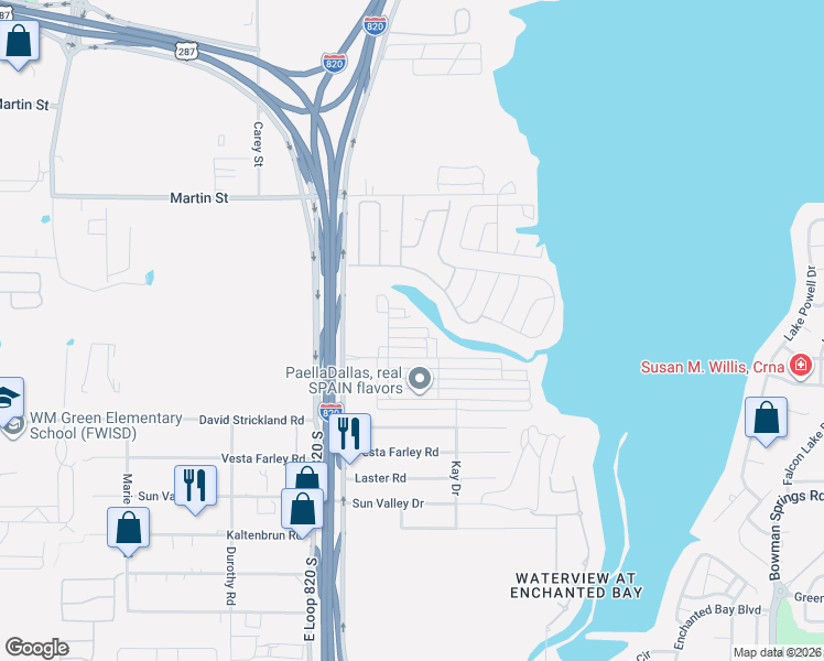 map of restaurants, bars, coffee shops, grocery stores, and more near Big Fork Rd in Fort Worth