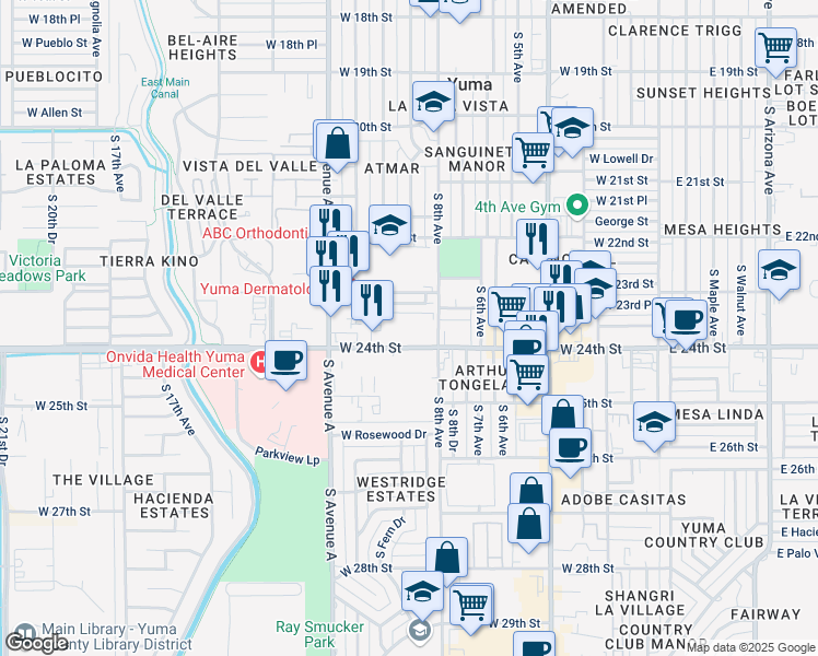 map of restaurants, bars, coffee shops, grocery stores, and more near 889 West Cortez Lane in Yuma