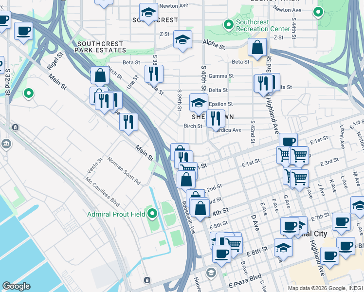 map of restaurants, bars, coffee shops, grocery stores, and more near 3909 Cottonwood Street in San Diego