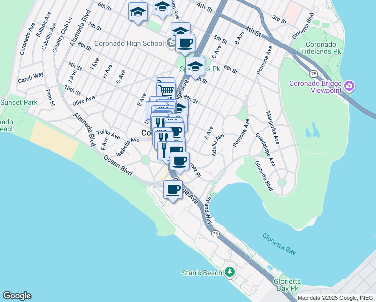 map of restaurants, bars, coffee shops, grocery stores, and more near in Coronado