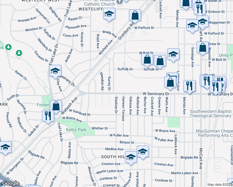 map of restaurants, bars, coffee shops, grocery stores, and more near West Seminary Drive & Stadium Drive in Fort Worth