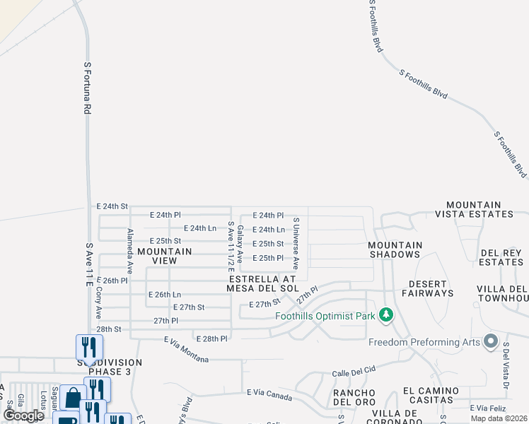 map of restaurants, bars, coffee shops, grocery stores, and more near East 24th Street in Yuma