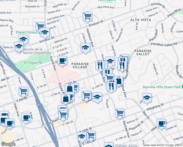 map of restaurants, bars, coffee shops, grocery stores, and more near 723 Paradise Way in National City