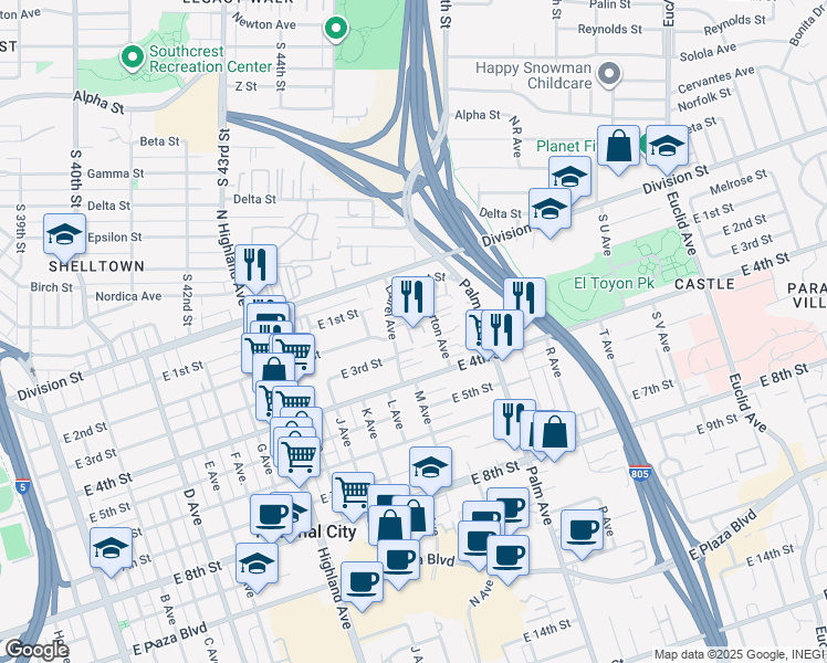 map of restaurants, bars, coffee shops, grocery stores, and more near 203 Laurel Avenue in National City