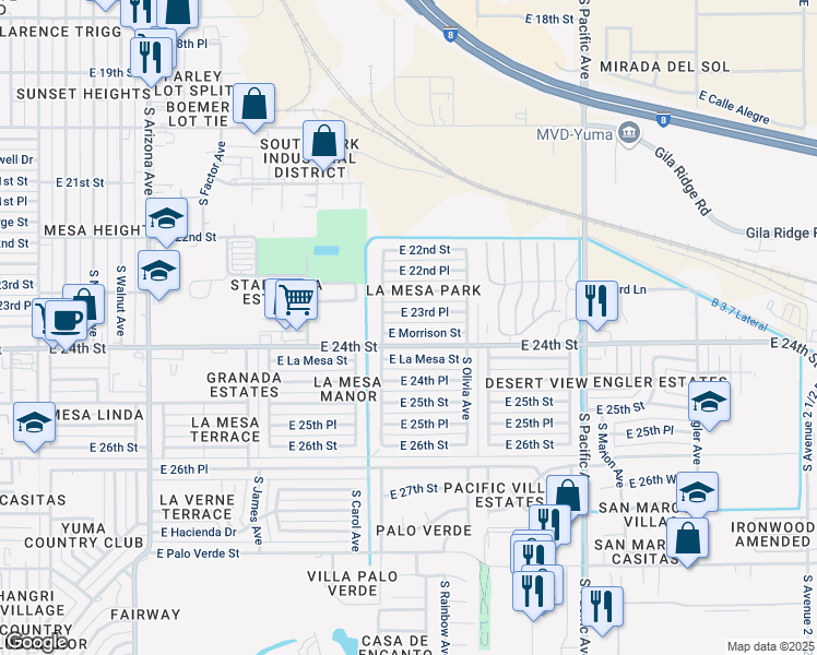 map of restaurants, bars, coffee shops, grocery stores, and more near 1315 East 23rd Place in Yuma