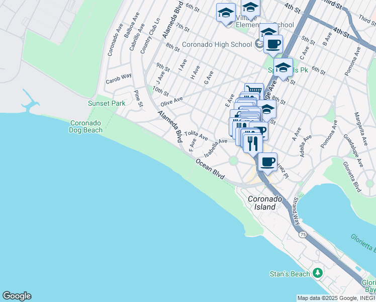 map of restaurants, bars, coffee shops, grocery stores, and more near 685 Ocean Boulevard in Coronado