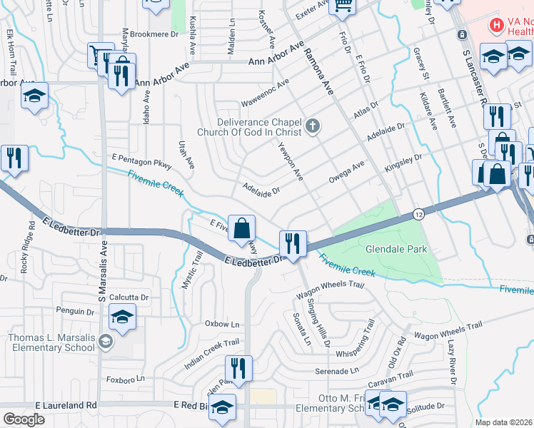 map of restaurants, bars, coffee shops, grocery stores, and more near 1325 Owega Avenue in Dallas