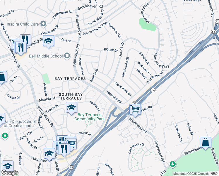map of restaurants, bars, coffee shops, grocery stores, and more near 2344 Spring Oak Way in San Diego