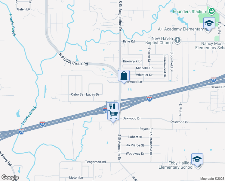 map of restaurants, bars, coffee shops, grocery stores, and more near 1601 South Saint Augustine Drive in Dallas