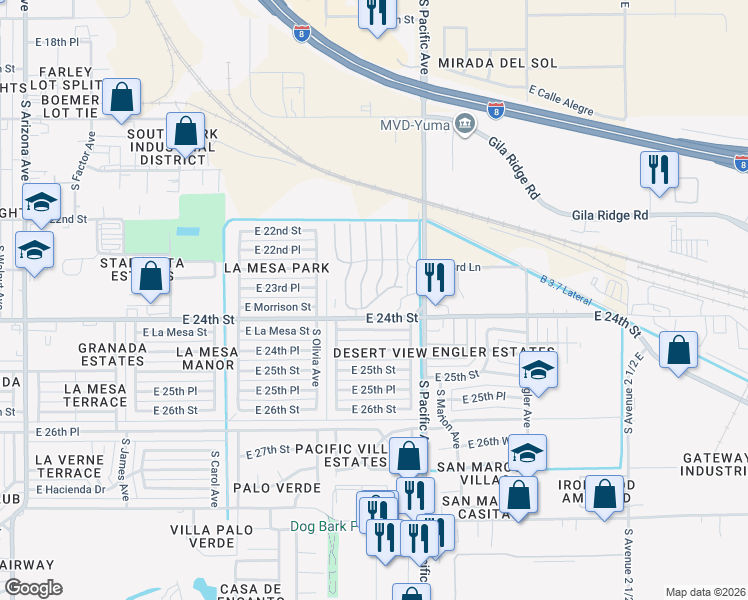map of restaurants, bars, coffee shops, grocery stores, and more near 1950 East 24th Street in Yuma