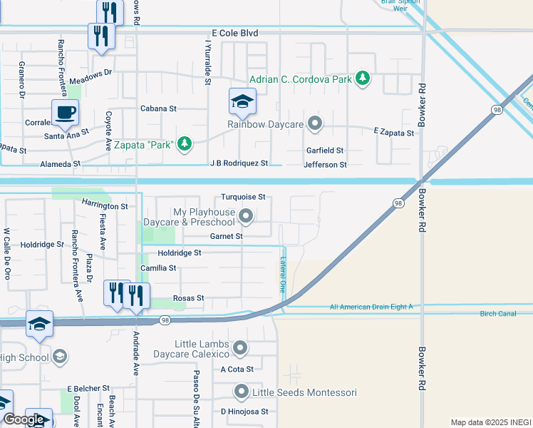 map of restaurants, bars, coffee shops, grocery stores, and more near 1259 Feldspar Avenue in Calexico