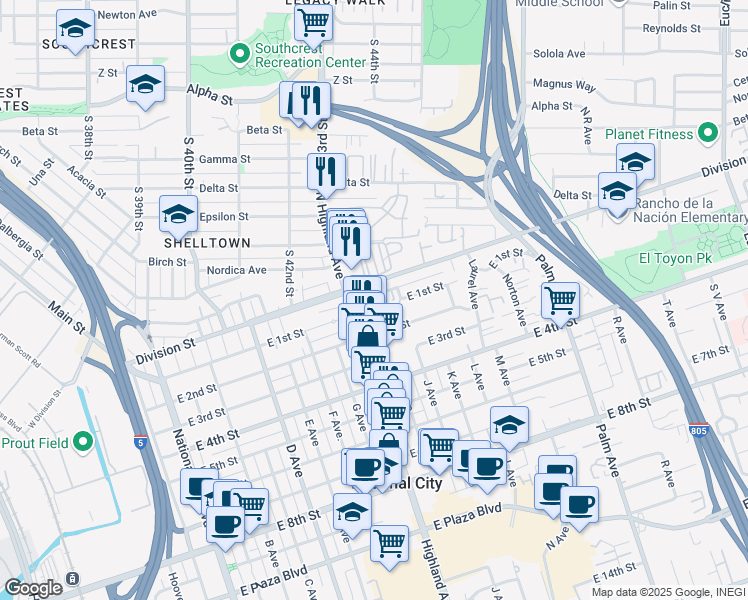 map of restaurants, bars, coffee shops, grocery stores, and more near 839 Melrose Street in National City