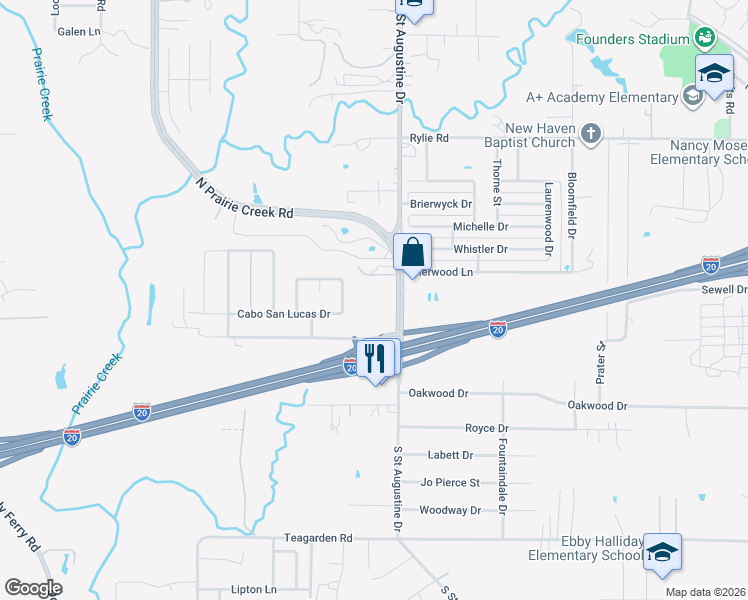 map of restaurants, bars, coffee shops, grocery stores, and more near 1601 South Saint Augustine Drive in Dallas
