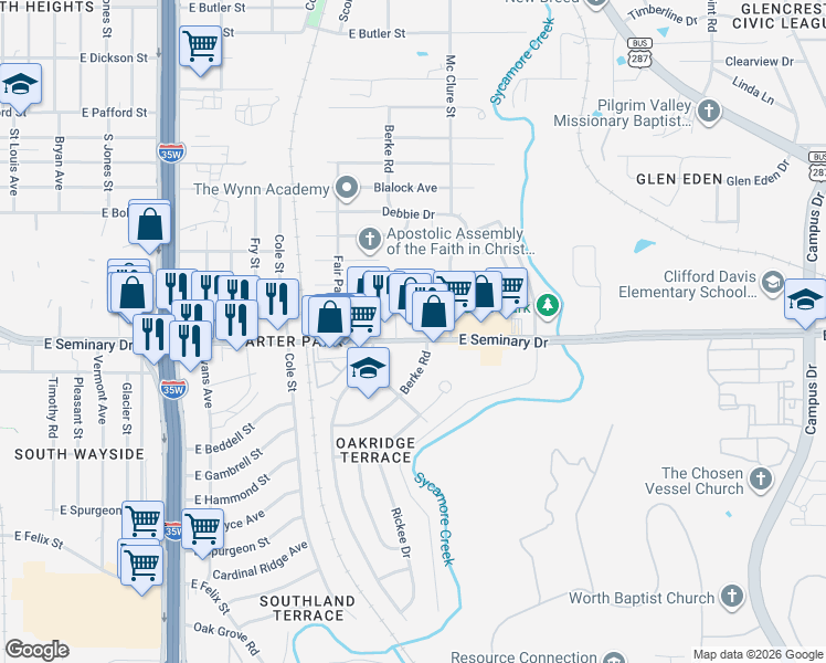 map of restaurants, bars, coffee shops, grocery stores, and more near 1203 East Seminary Drive in Fort Worth