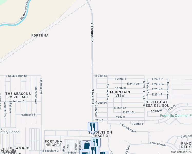 map of restaurants, bars, coffee shops, grocery stores, and more near South Avenue 11 East in Yuma