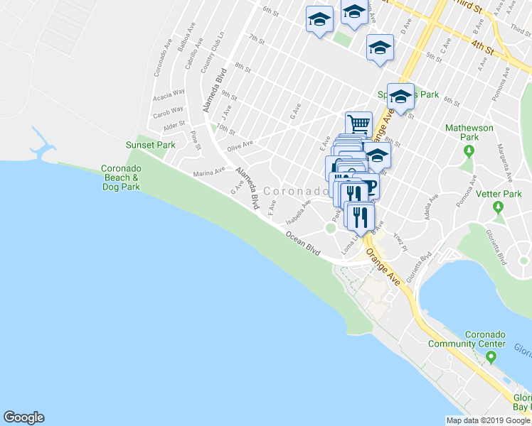 map of restaurants, bars, coffee shops, grocery stores, and more near 685 Ocean Boulevard in Coronado