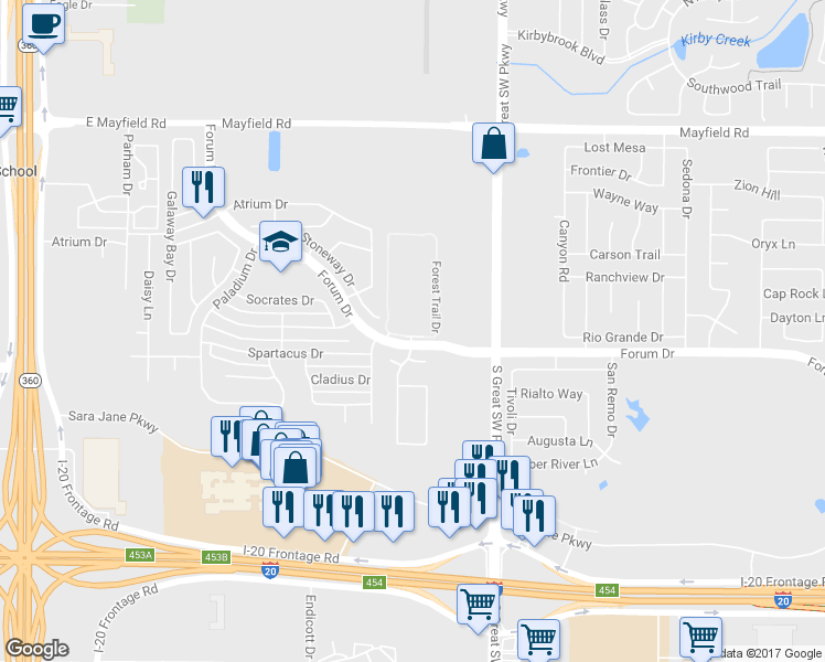 map of restaurants, bars, coffee shops, grocery stores, and more near 23 Forest Trail Drive in Grand Prairie