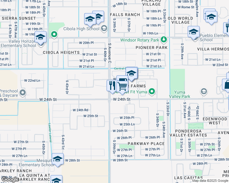 map of restaurants, bars, coffee shops, grocery stores, and more near 3970 West 24th Street in Yuma