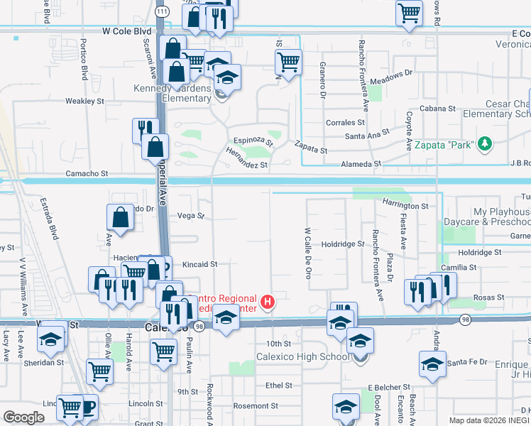 map of restaurants, bars, coffee shops, grocery stores, and more near 830-1068 C N Perry Avenue in Calexico