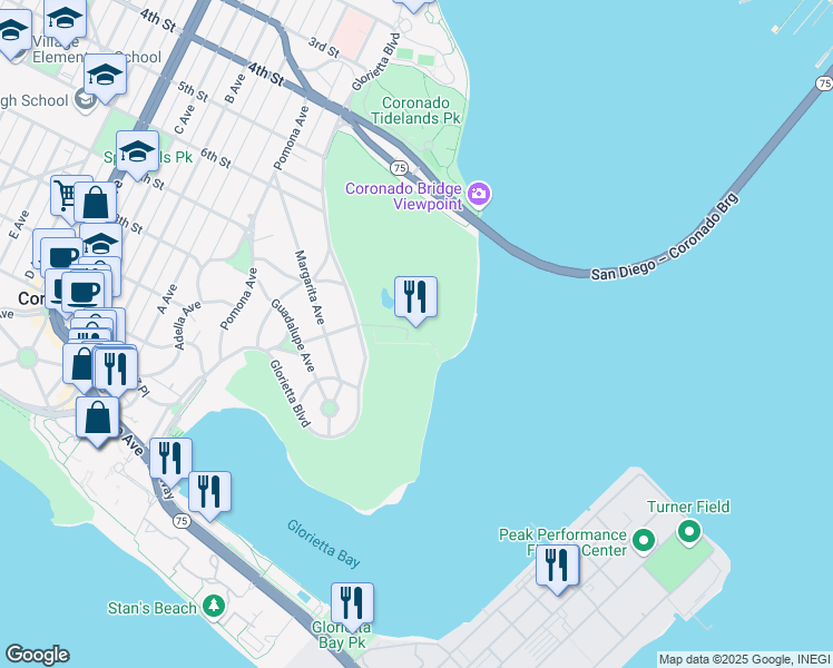 map of restaurants, bars, coffee shops, grocery stores, and more near 2000 Visalia Row in Coronado