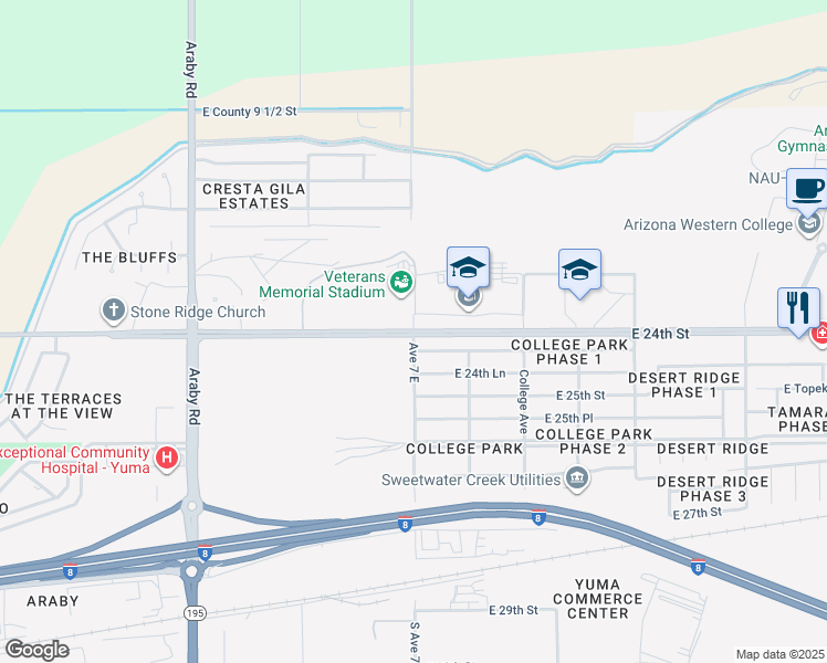 map of restaurants, bars, coffee shops, grocery stores, and more near East 24th Street in Yuma