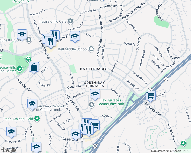 map of restaurants, bars, coffee shops, grocery stores, and more near 7160 Latrobe Circle in San Diego