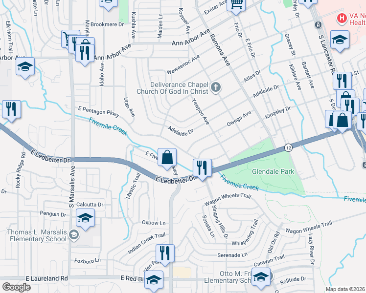 map of restaurants, bars, coffee shops, grocery stores, and more near 1237 East Pentagon Parkway in Dallas