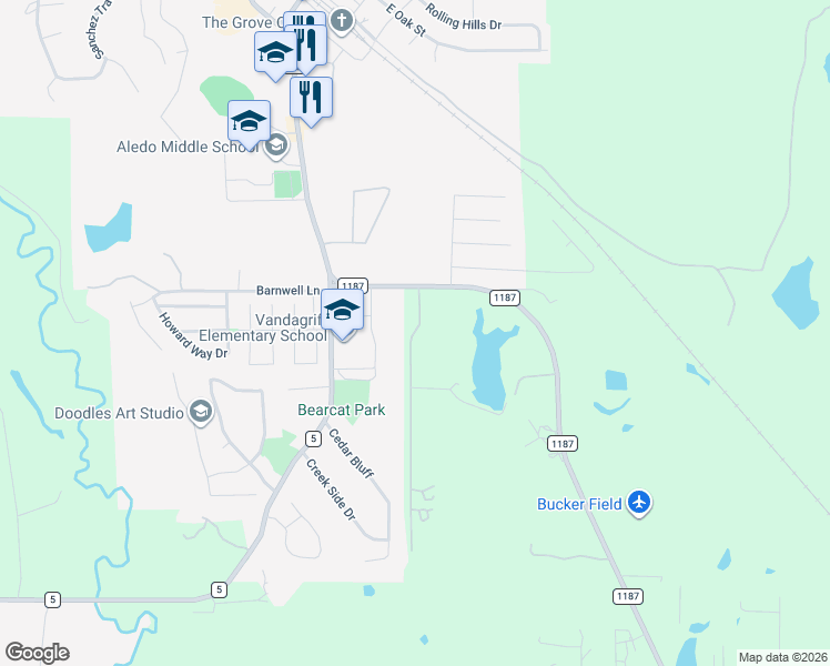 map of restaurants, bars, coffee shops, grocery stores, and more near 357 Wood Lake Road in Aledo