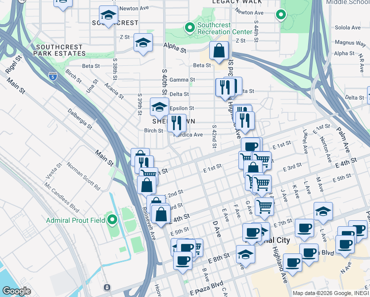 map of restaurants, bars, coffee shops, grocery stores, and more near 4026 Marine View Avenue in San Diego