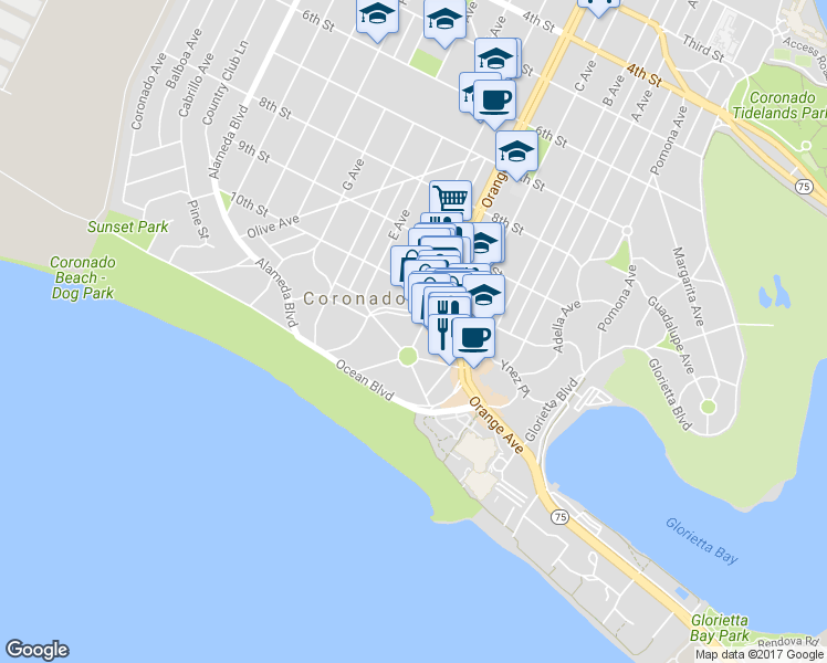 map of restaurants, bars, coffee shops, grocery stores, and more near 1022 Park Place in Coronado
