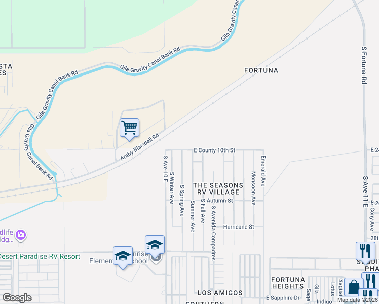 map of restaurants, bars, coffee shops, grocery stores, and more near E County 10th St in Yuma