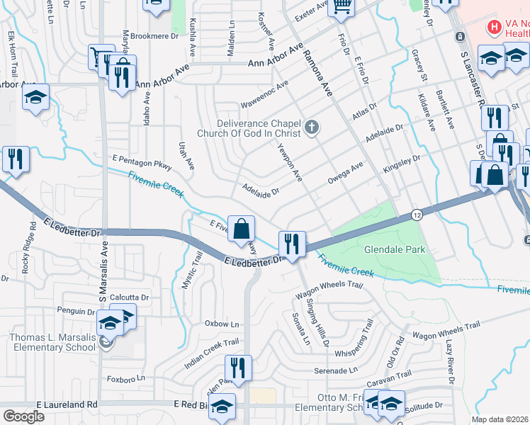 map of restaurants, bars, coffee shops, grocery stores, and more near 1237 East Pentagon Parkway in Dallas