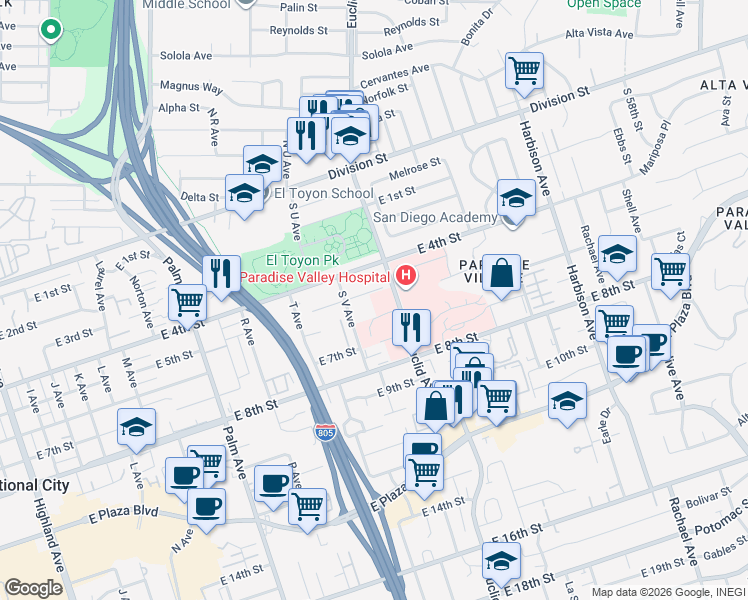 map of restaurants, bars, coffee shops, grocery stores, and more near 2320-22 East 5th Street in National City