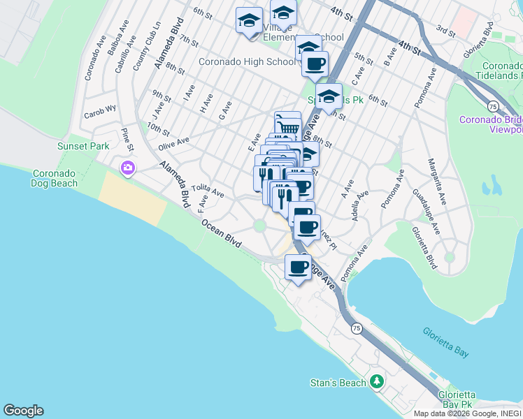 map of restaurants, bars, coffee shops, grocery stores, and more near 1022 Park Place in Coronado