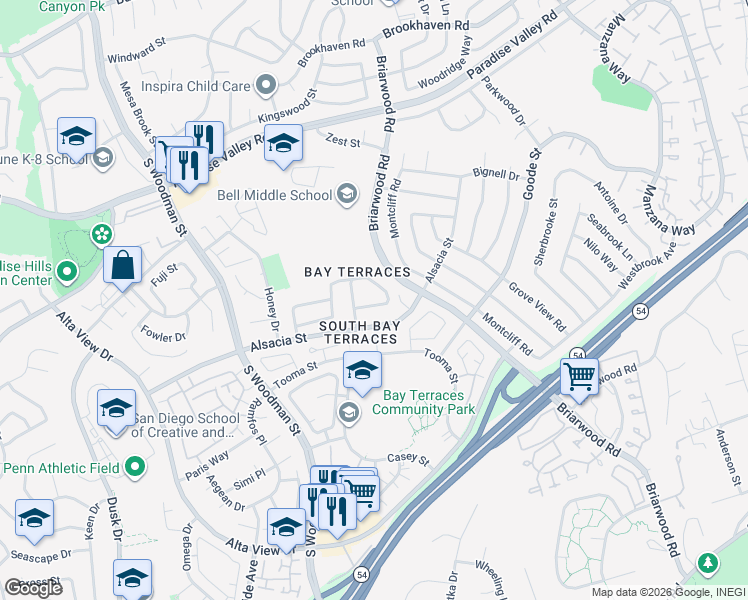 map of restaurants, bars, coffee shops, grocery stores, and more near 7160 Latrobe Cir in San Diego