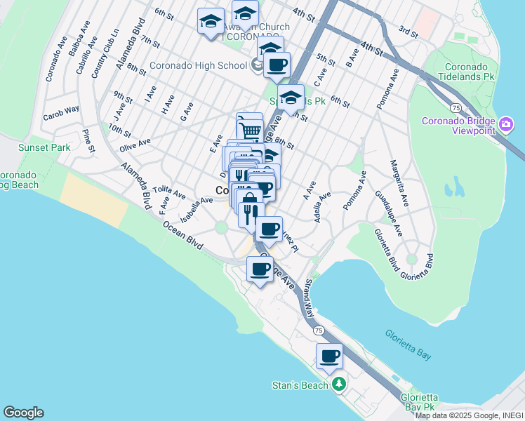 map of restaurants, bars, coffee shops, grocery stores, and more near 1009 C Avenue in Coronado