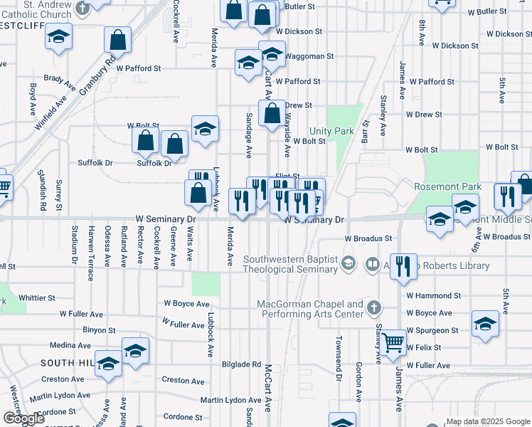 map of restaurants, bars, coffee shops, grocery stores, and more near 4246 McCart Avenue in Fort Worth