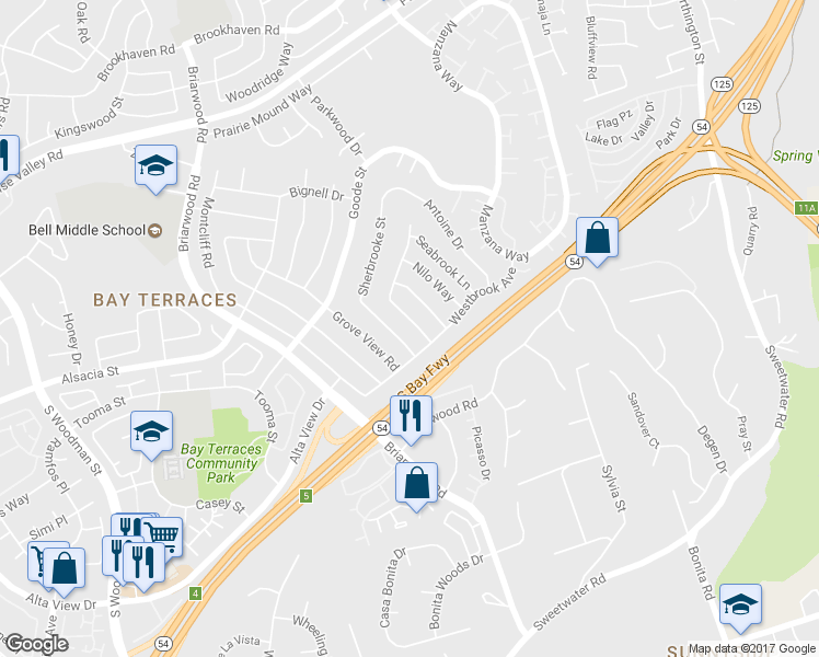 map of restaurants, bars, coffee shops, grocery stores, and more near 1866 Olamar Way in San Diego