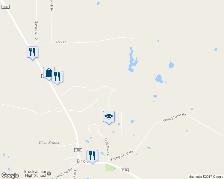 map of restaurants, bars, coffee shops, grocery stores, and more near 1505 Farm to Market Road 1189 in Brock