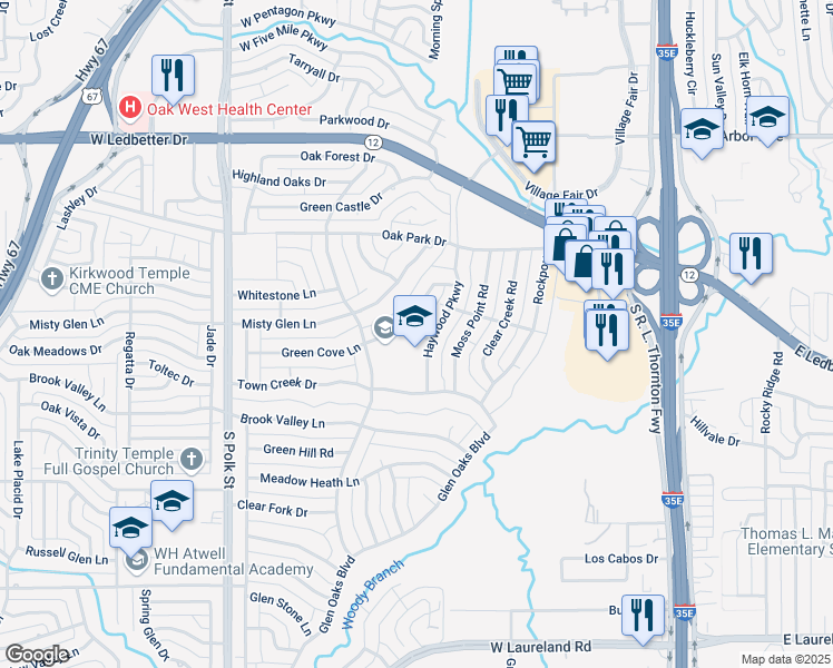 map of restaurants, bars, coffee shops, grocery stores, and more near 548 Lone Oak Drive in Dallas