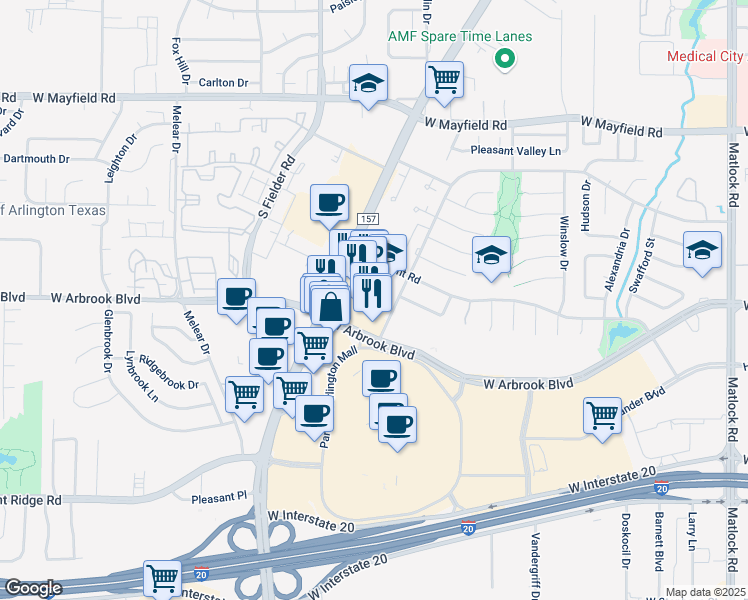 map of restaurants, bars, coffee shops, grocery stores, and more near 3701 South Cooper Street in Arlington