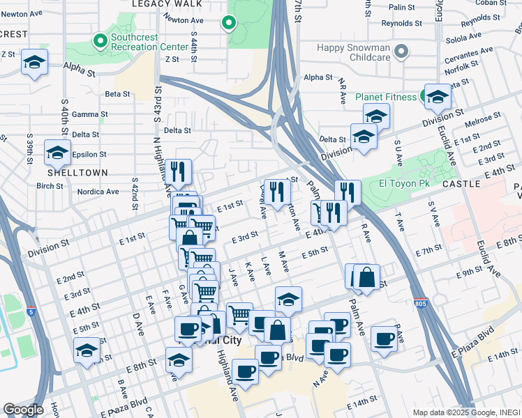 map of restaurants, bars, coffee shops, grocery stores, and more near 114 Laurel Avenue in National City
