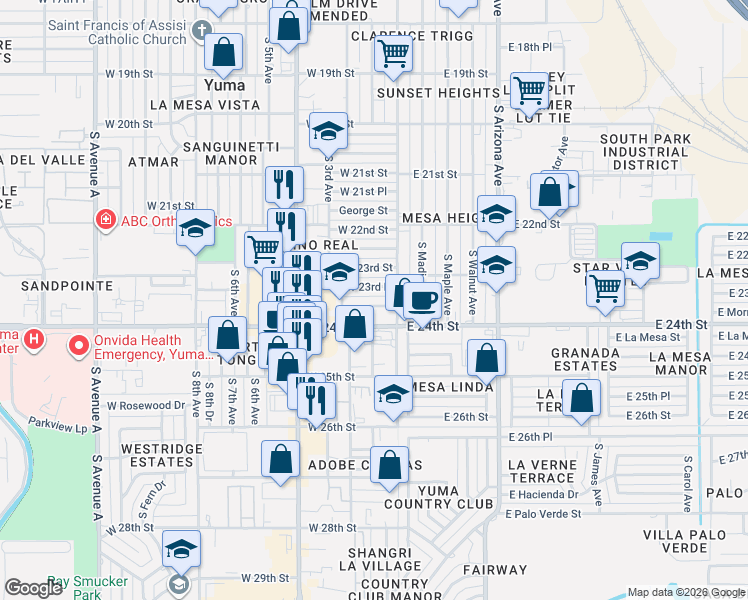 map of restaurants, bars, coffee shops, grocery stores, and more near 100-298 W Morrison St in Yuma