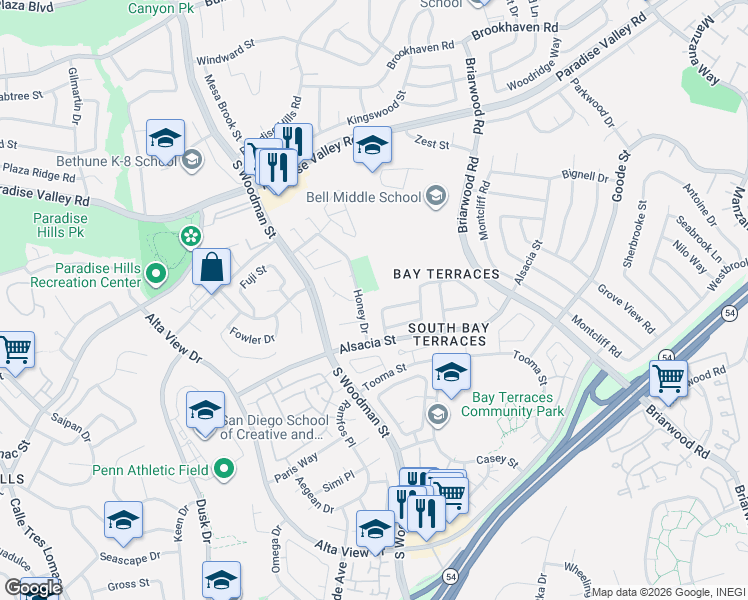 map of restaurants, bars, coffee shops, grocery stores, and more near 2211 Honey Drive in San Diego