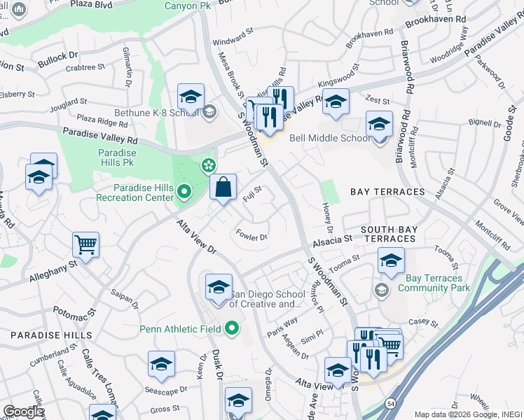 map of restaurants, bars, coffee shops, grocery stores, and more near 6819 Fuji Street in San Diego