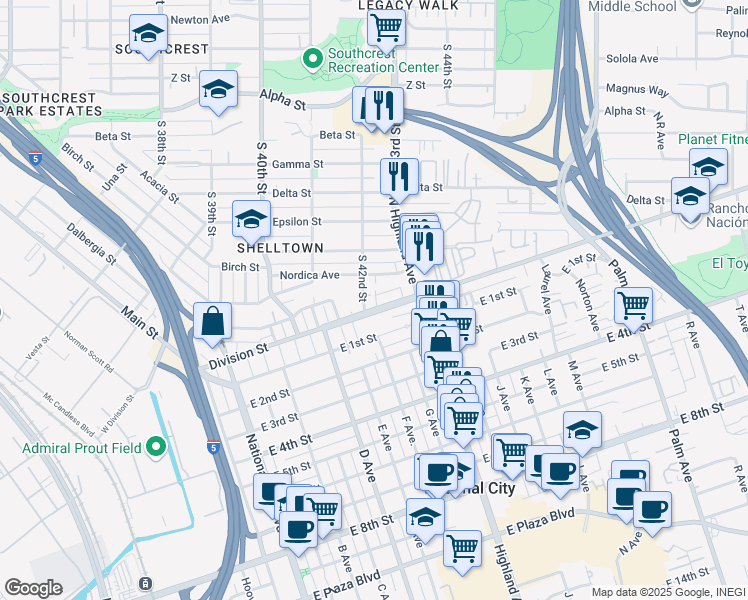 map of restaurants, bars, coffee shops, grocery stores, and more near 2041 South 42nd Street in San Diego
