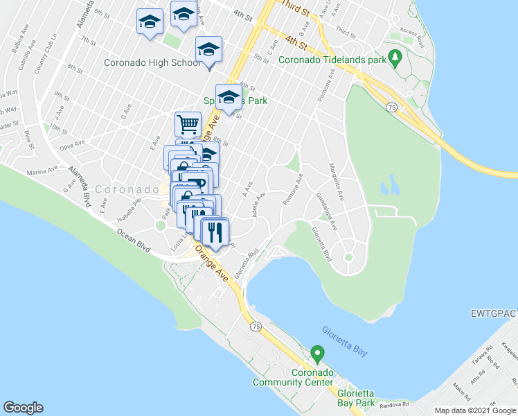 map of restaurants, bars, coffee shops, grocery stores, and more near 920 Adella Avenue in Coronado